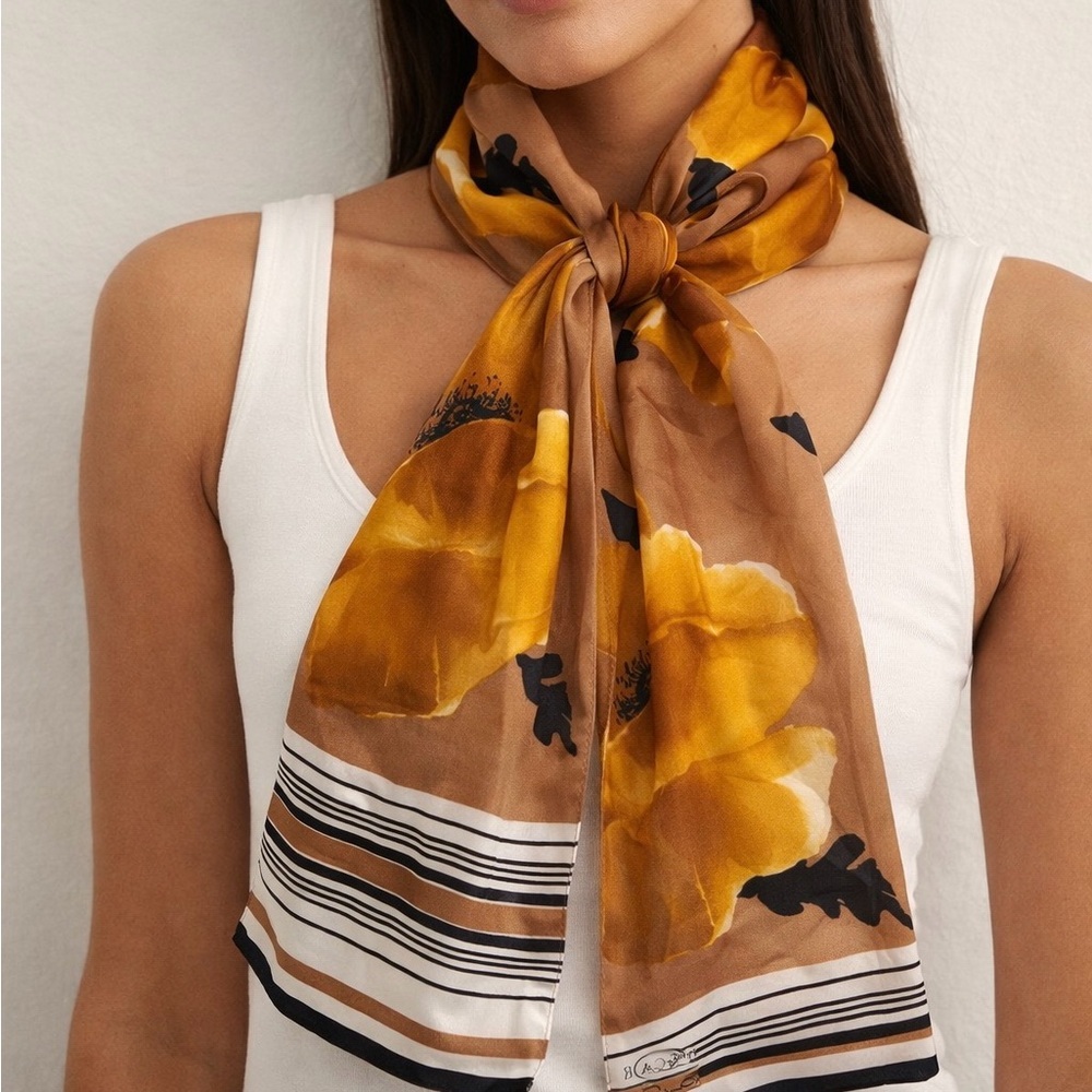 Oscar de la Renta Vintage Silk Satin Floral Scarf Yellow and Brown Designer Wrap